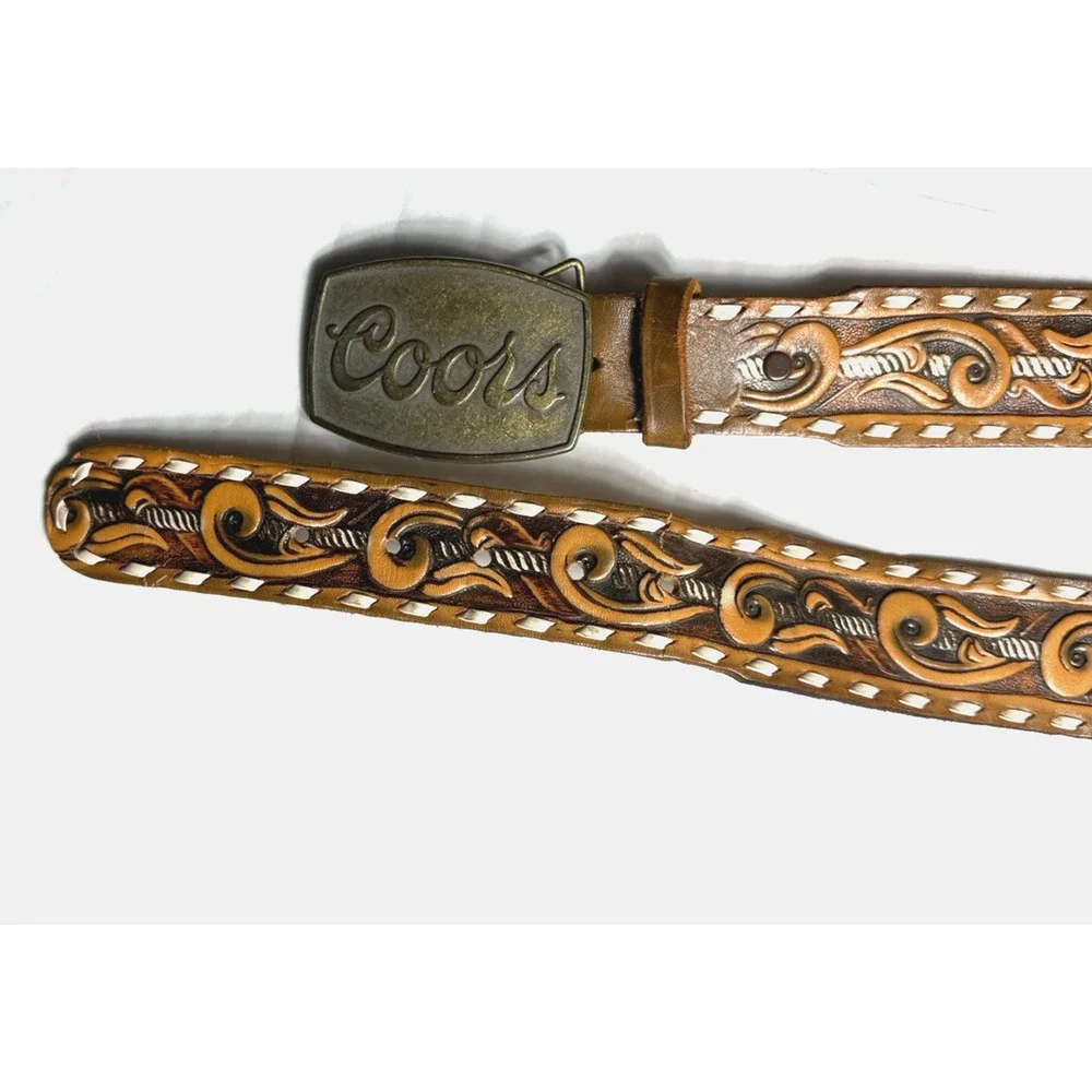 Vintage Quality Tooled Leather Belt Removable Coors Buckle Cowhide Leather 38 40